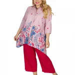 Chemise Rose asymétrique motif bleu floral - CHP0121A