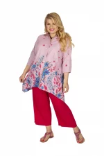 Chemise Rose asymétrique motif bleu floral - CHP0121A