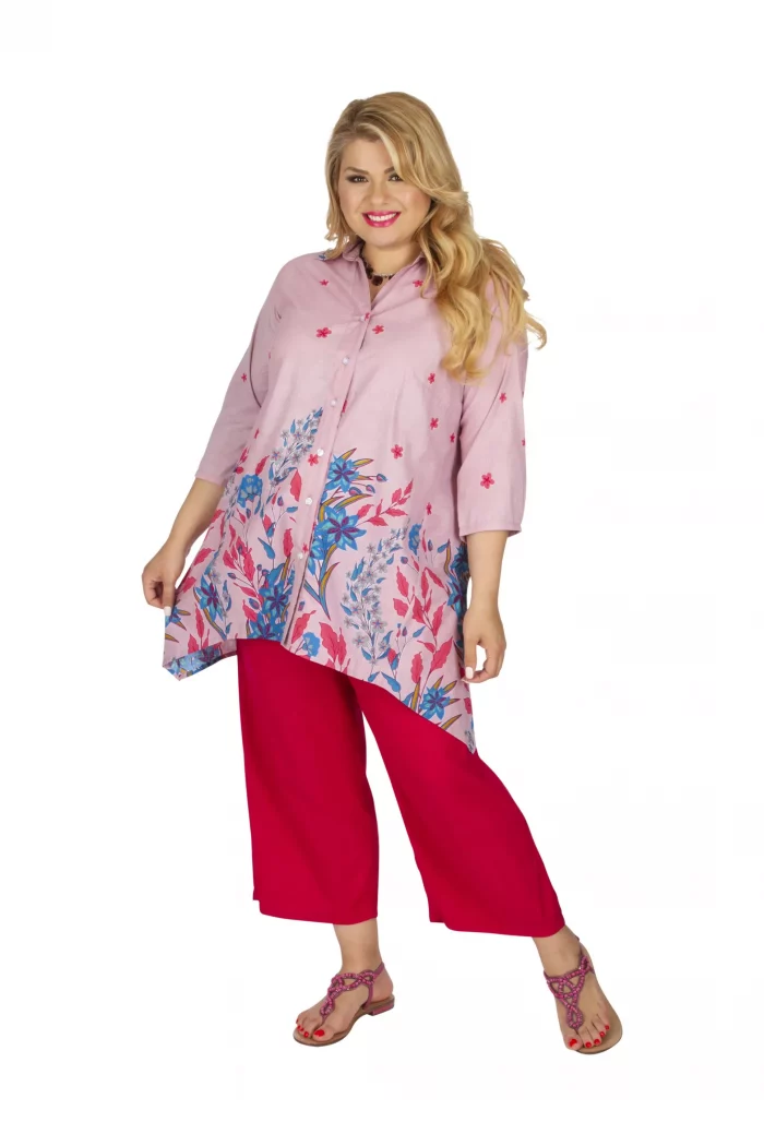Chemise Rose asymétrique motif bleu floral - CHP0121A – Image 1