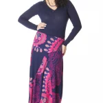 Jupe longue Bleu nuit à motifs fuchsia - JUP6000F