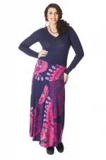 Jupe longue Bleu nuit à motifs fuchsia - JUP6000F