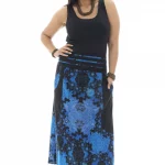 Jupe longue Noire à motifs ethniques bleus - JUP0029