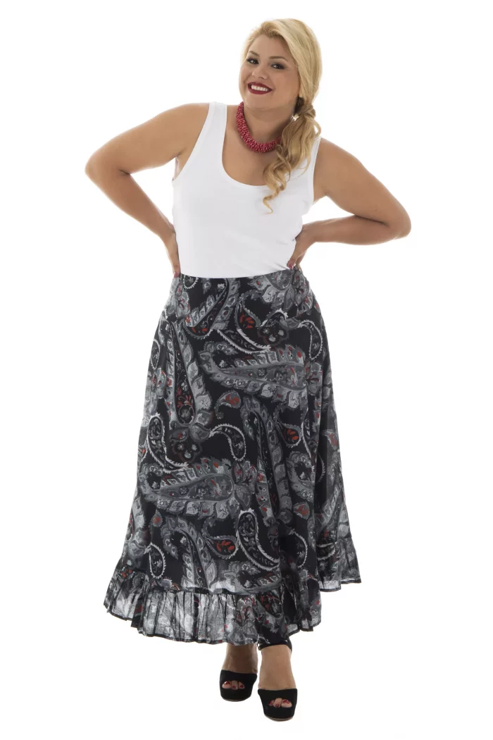 Jupe longue Noire à motifs gris et rouge - JUP0025A – Image 1