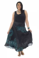 Jupe longue Noire à motifs ethniques turquoise - JUP0025B