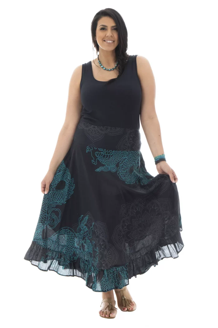Jupe longue Noire à motifs ethniques turquoise - JUP0025B – Image 1