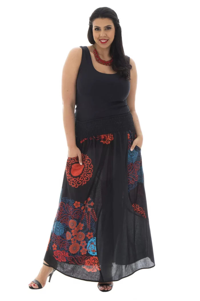 Jupe longue taille haute Noire, orange et bleue - JUP0031B – Image 1