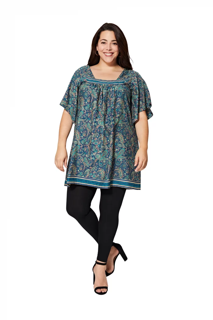 Tunique à col carré Bleue à motifs bohèmes - MCTUP0204D – Image 1