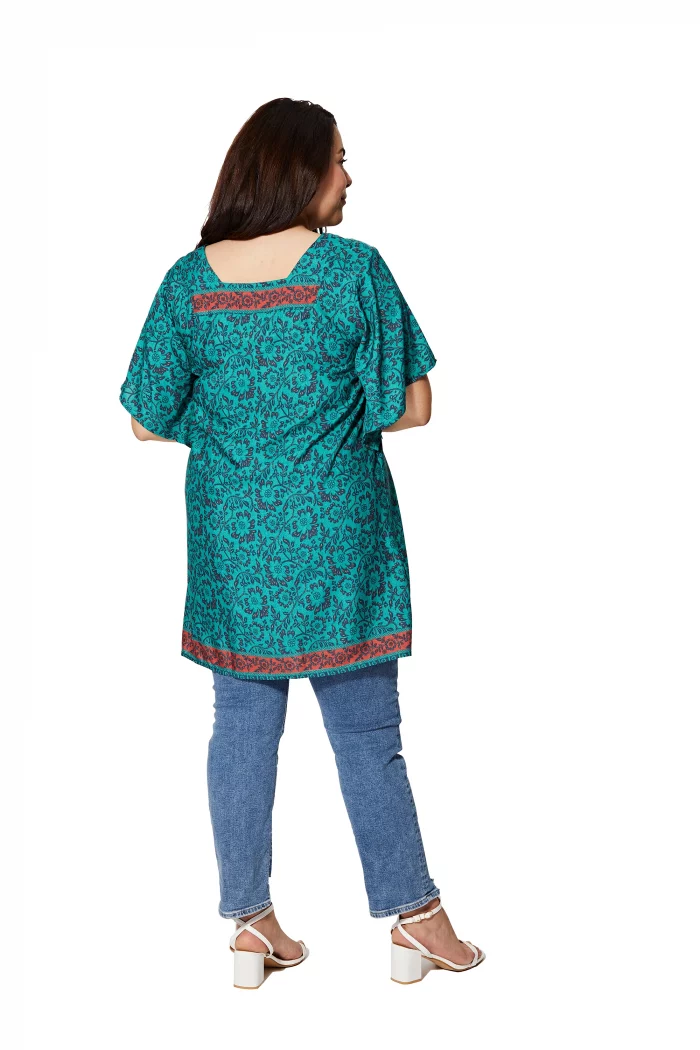 Tunique à col carré Turquoise à motifs fleuris - MCTUP0204C – Image 2