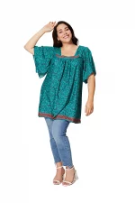 Tunique à col carré Turquoise à motifs fleuris - MCTUP0204C