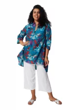 Tunique Bleue fleuris à col chemise - TUP0545B