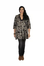 Tunique Noire à motifs beige à col en V - TUP6037E