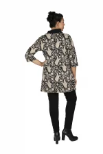 Tunique Noire à motifs crème à col en V - TUP6037J – Image 2