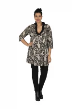 Tunique Noire à motifs crème à col en V - TUP6037J