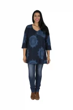 Tunique Bleu marine à motifs ethniques à manches 3/4 - TUP6040I