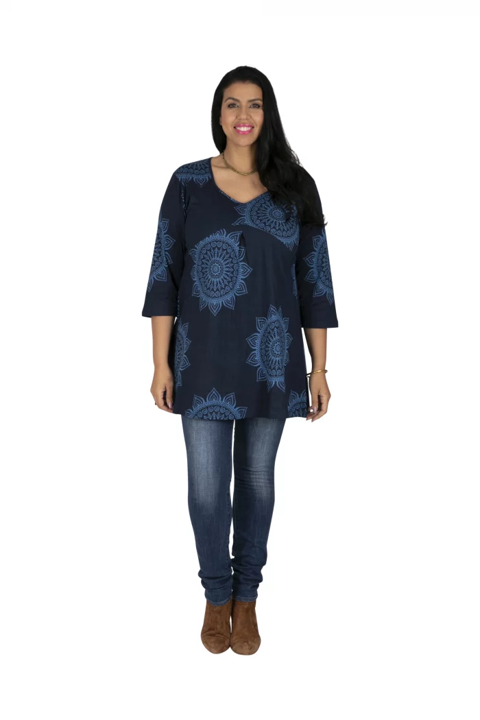 Tunique Bleu marine à motifs ethniques à manches 3/4 - TUP6040I – Image 1