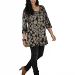 Tunique Noire à motifs beige à manches 3/4 - TUP6040E
