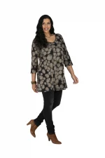 Tunique Noire à motifs beige à manches 3/4 - TUP6040E