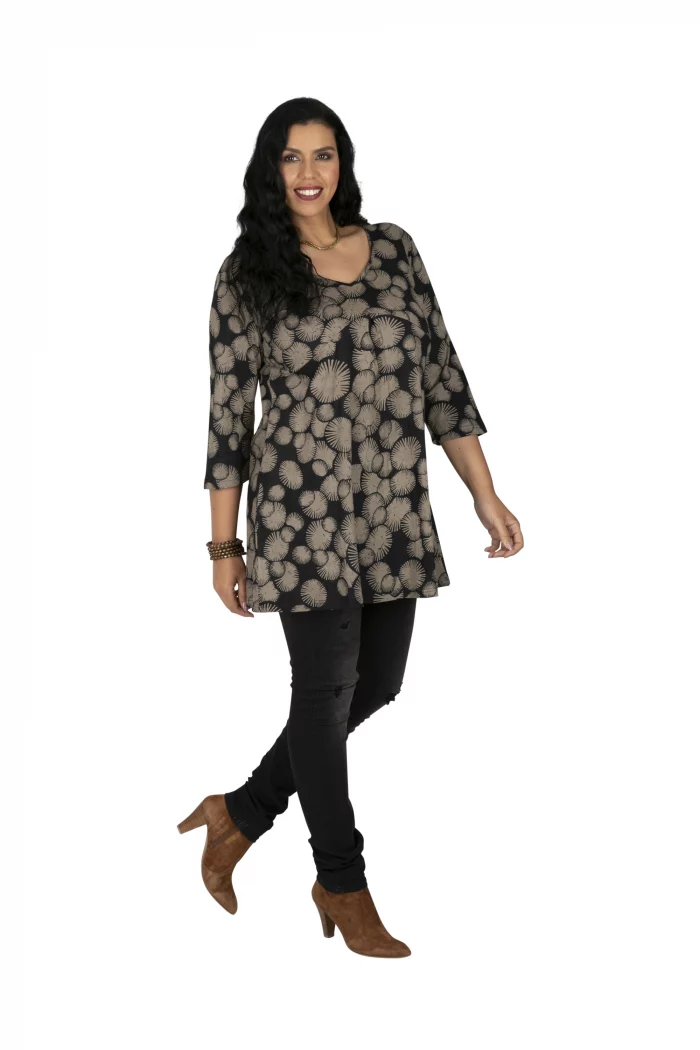 Tunique Noire à motifs beige à manches 3/4 - TUP6040E – Image 1