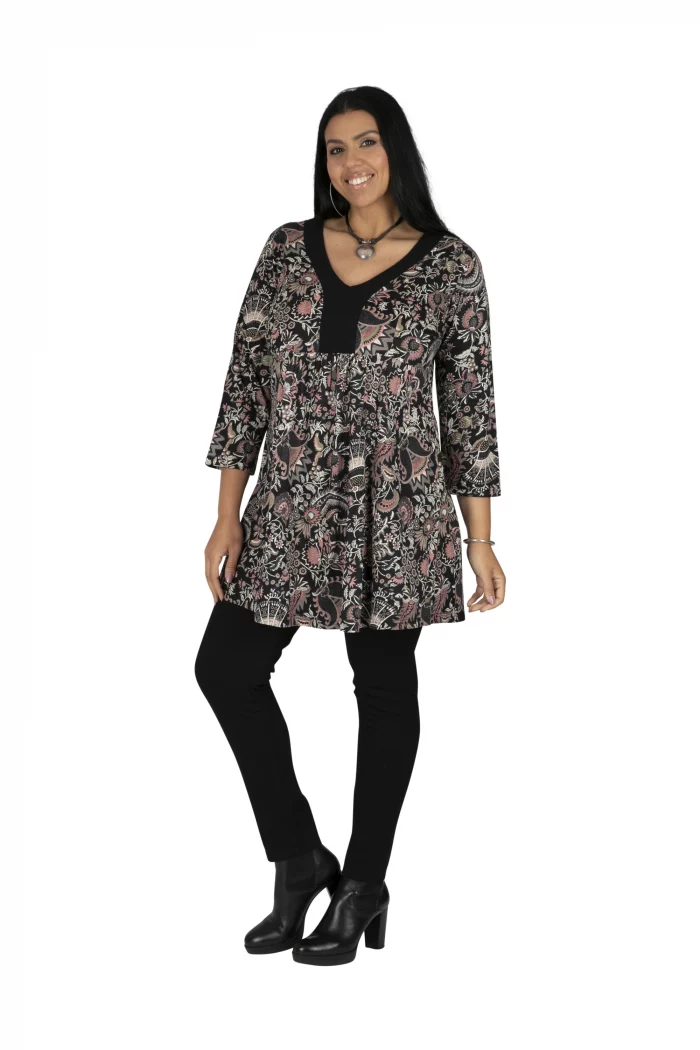 Tunique Noire à motifs ethniques fleuris - TUP6035K – Image 1