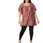 Tunique à col carré Rouge à motifs turquoise - MCTUP0204E