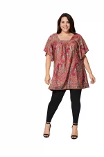 Tunique à col carré Rouge à motifs turquoise - MCTUP0204E