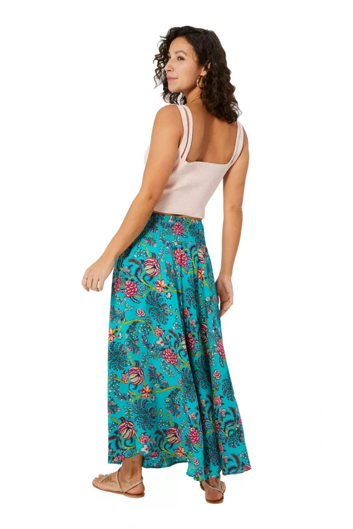Longue jupe fluide Bleu turquoise motif végétal - JIP0048A – Image 2