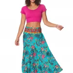 Longue jupe fluide Bleu turquoise motif végétal - JIP0048A