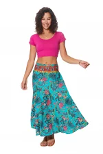 Longue jupe fluide Bleu turquoise motif végétal - JIP0048A