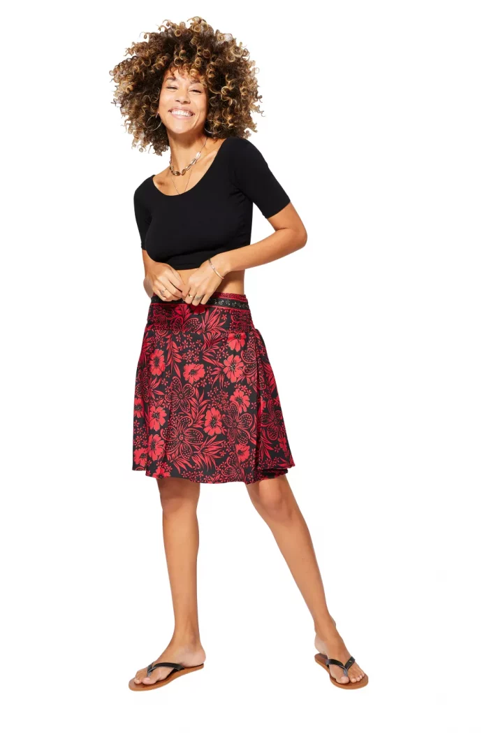 Jupe fluide Noire imprimé Hawaïen rouge - JIP2000D – Image 1