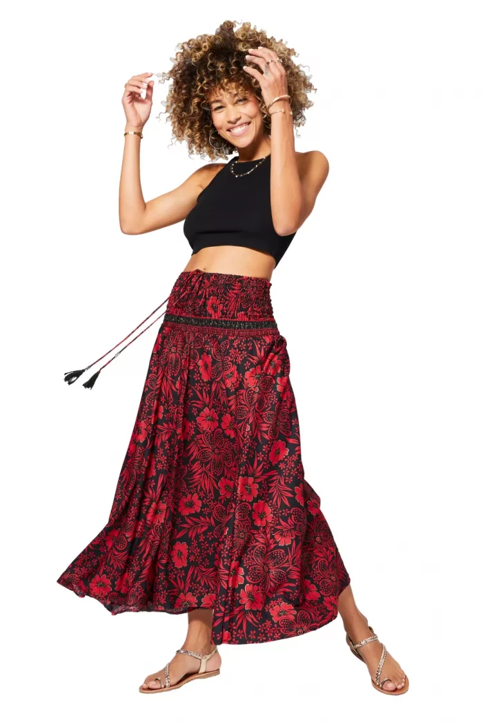 Longue jupe Noire imprimé Hawaïen rouge - JIP2001D – Image 1