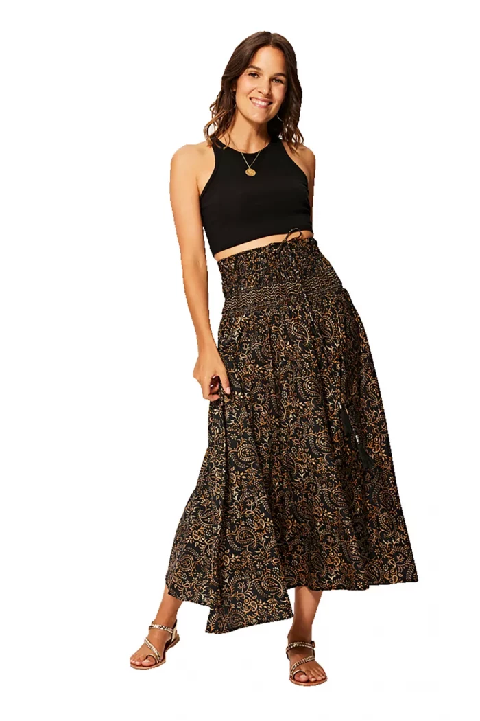 Longue jupe Noire imprimé oriental Doré - JIP2001E – Image 1