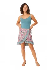 Jupe courte portefeuille Rose et beige floral - JIP3010A