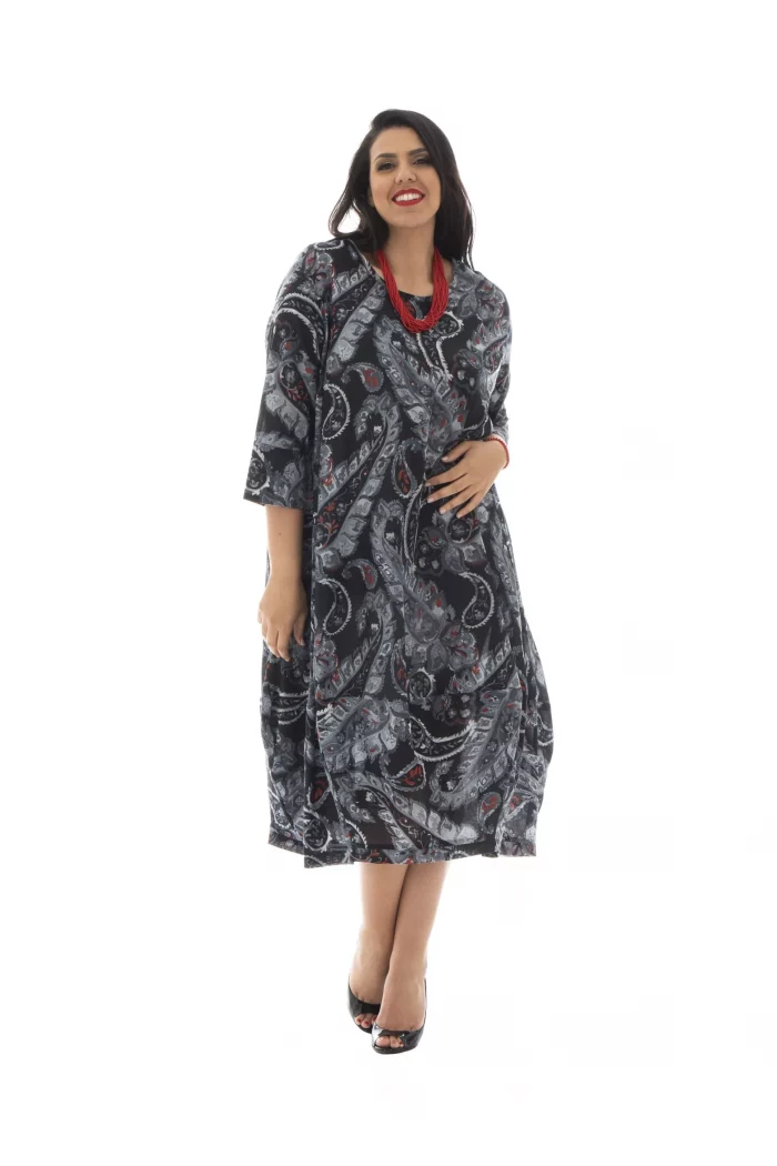 Robe mi-longue noire bouffante motifs blanc et rouge - MAXIP0004D – Image 1