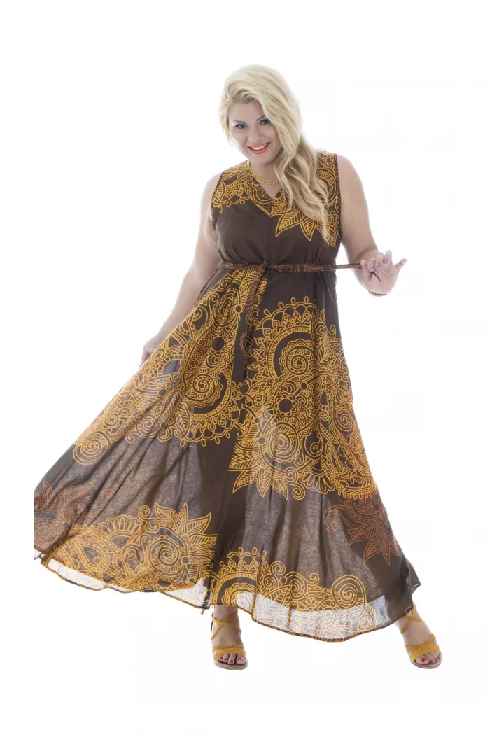 Robe longue marron et jaune sans manche - MAXIP0006B – Image 2
