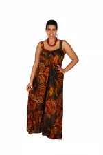 Robe longue marron motif jaune et rouge - MAXIP0021B