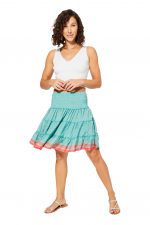 Jupe fluide courte, bleu turquoise à motifs - MCJU0109A