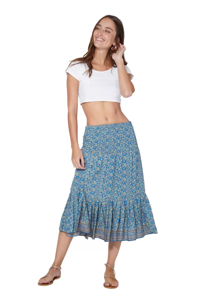 Jupe mi-longue à volant, motif floral bleu clair - MCJU0110A – Image 1