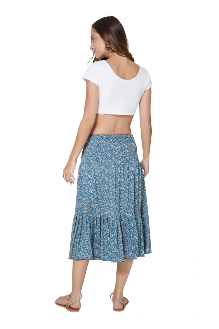 Jupe mi-longue à volant, motif floral bleu clair - MCJU0110A – Image 2