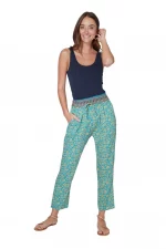 Pantalon turquoise droit et fleuri beige - MCPA0110B