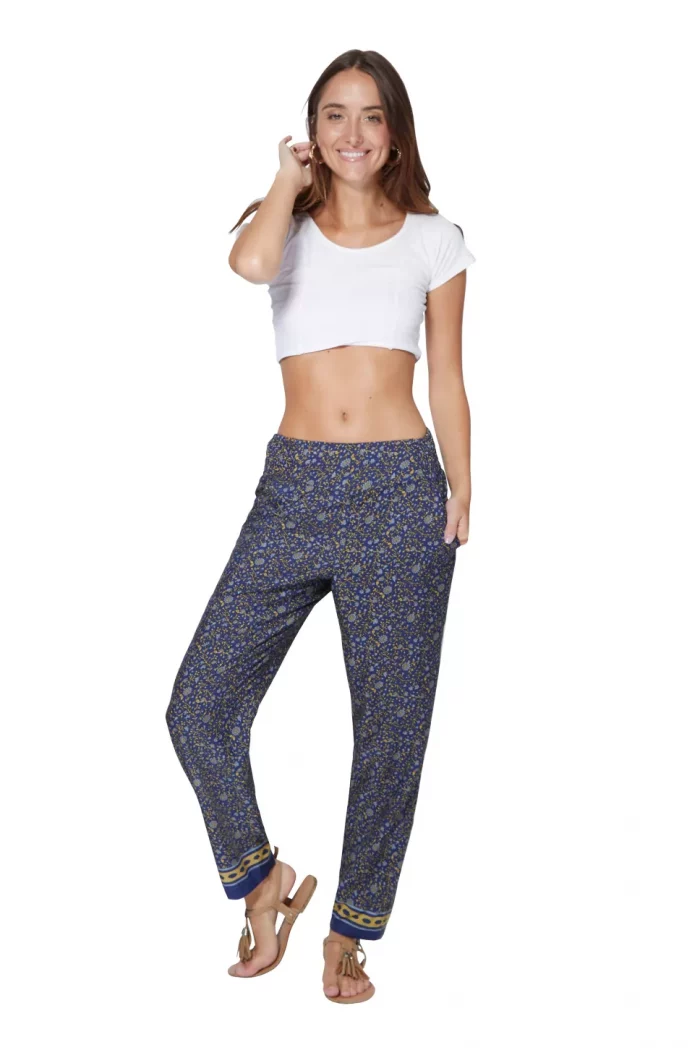 Pantalon droit bleu et fleuri crème- MCPA0114A – Image 1
