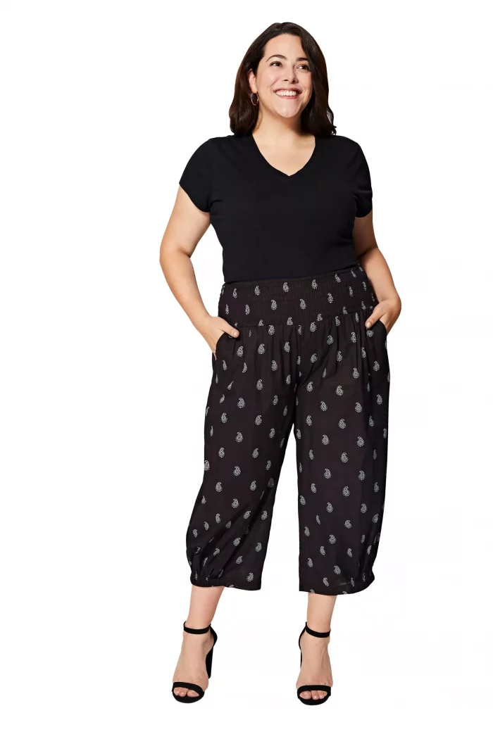 Pantalon mi-long en coton, Noir à motifs - PAP0060C – Image 1