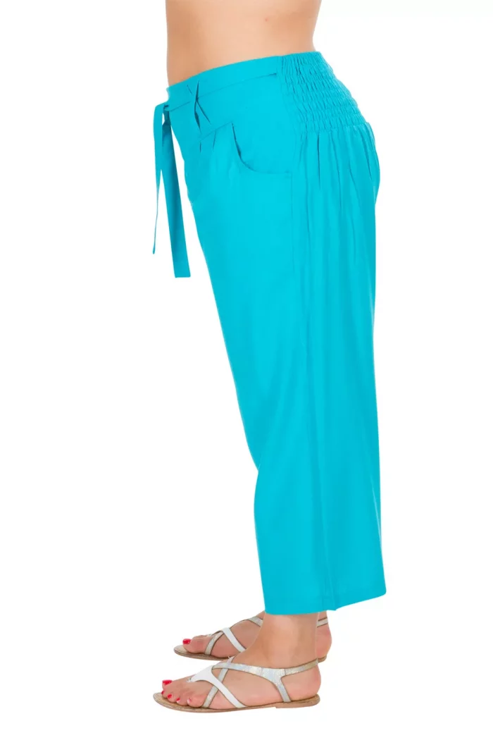 Pantalon uni mi-long smocké Bleu Turquoise - PAP1020K – Image 3