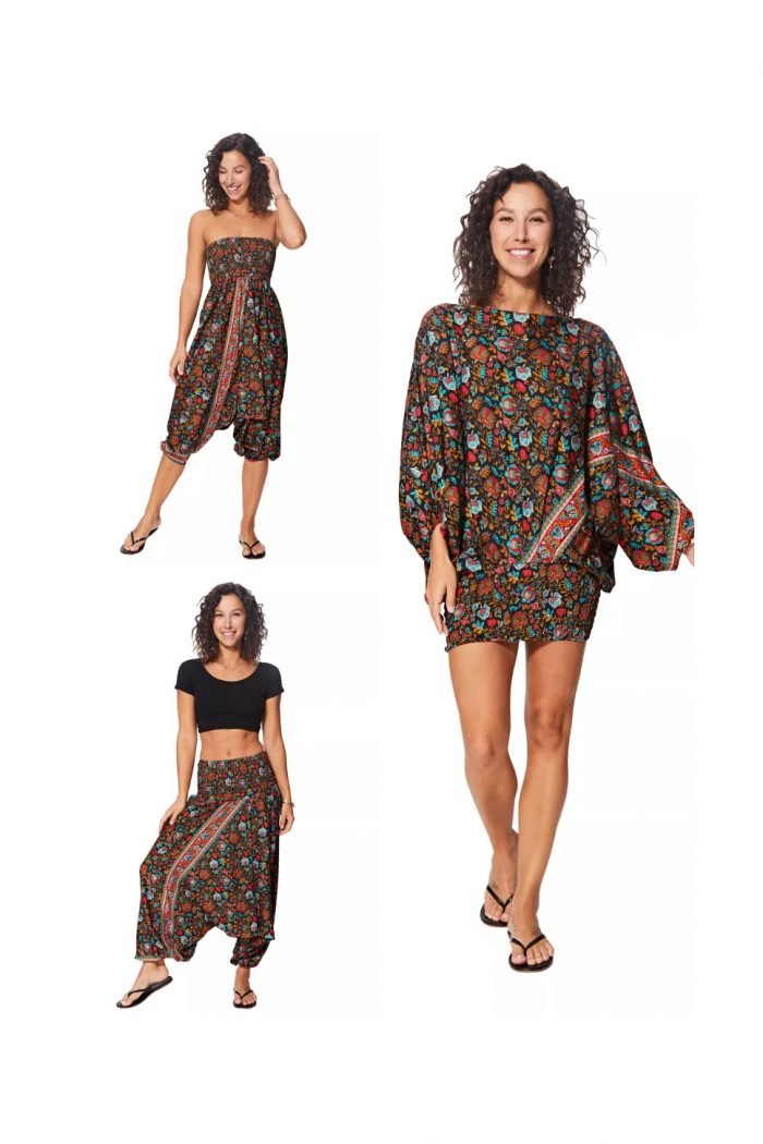Combinaison fabuleuse 3 en 1 noire aux fleurs turquoise, rouge et orange - PIP0064H – Image 1