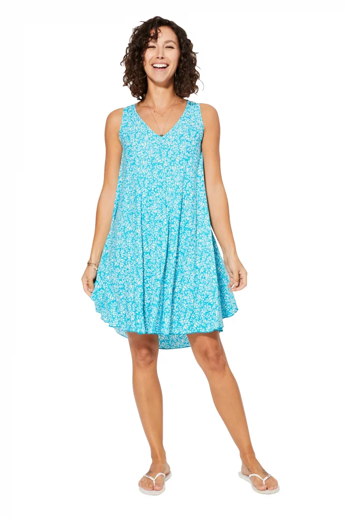 Robe courte bohème sans manches Bleue à fleurs - RLIPV0012B – Image 1
