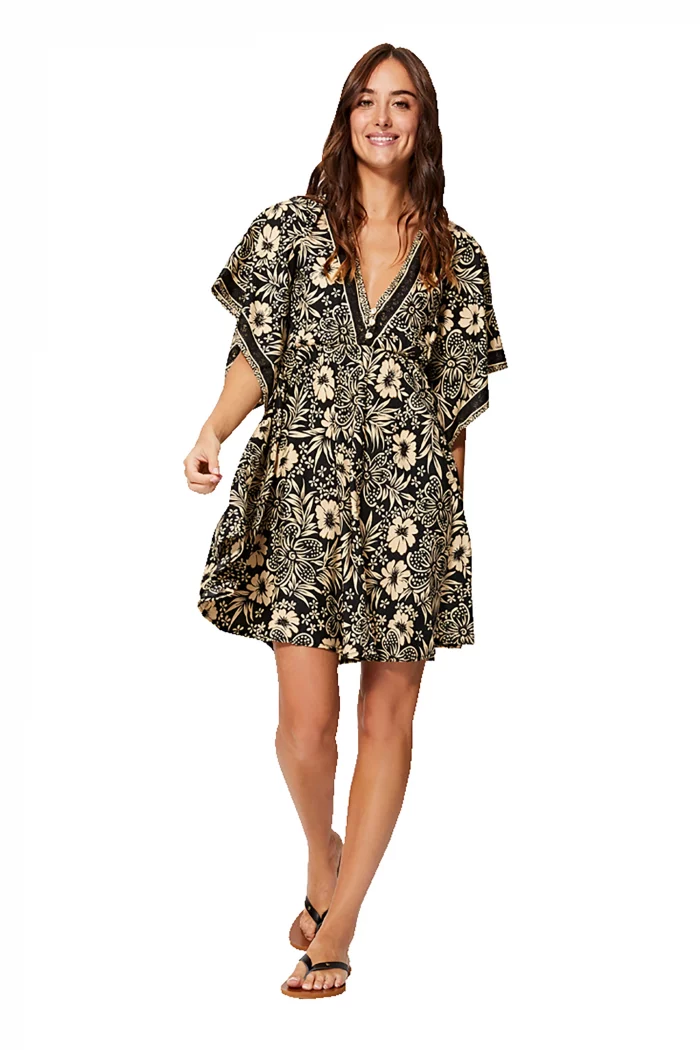 Robe bohème courte ample noire et crème - RLIP2002G – Image 1