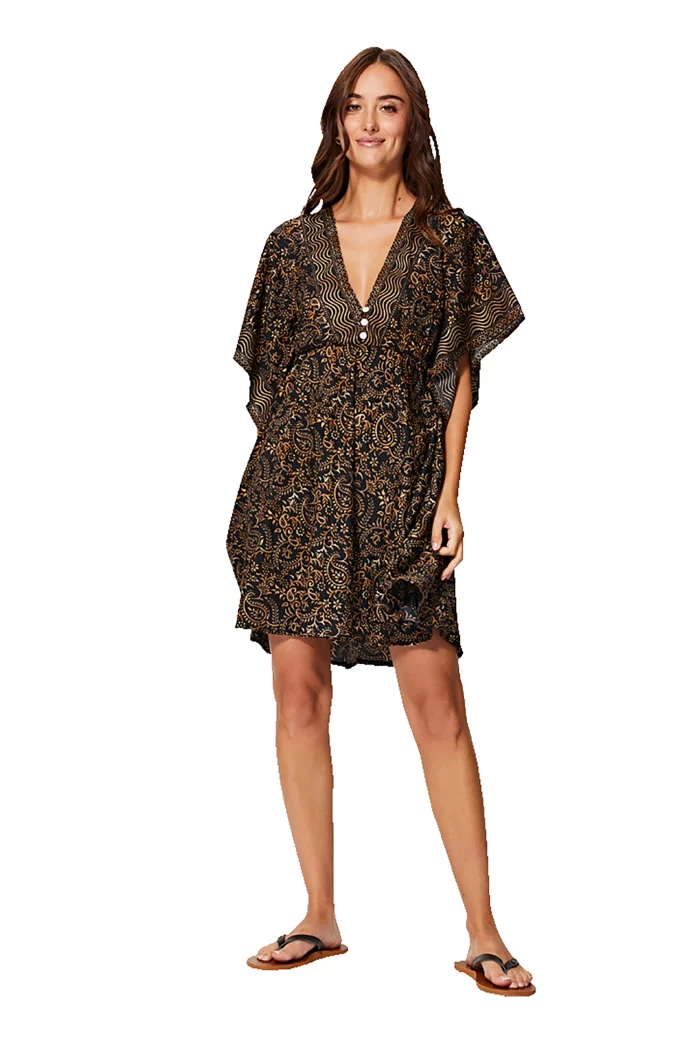 Robe bohème courte ample noire et or - RLIP2002E – Image 1