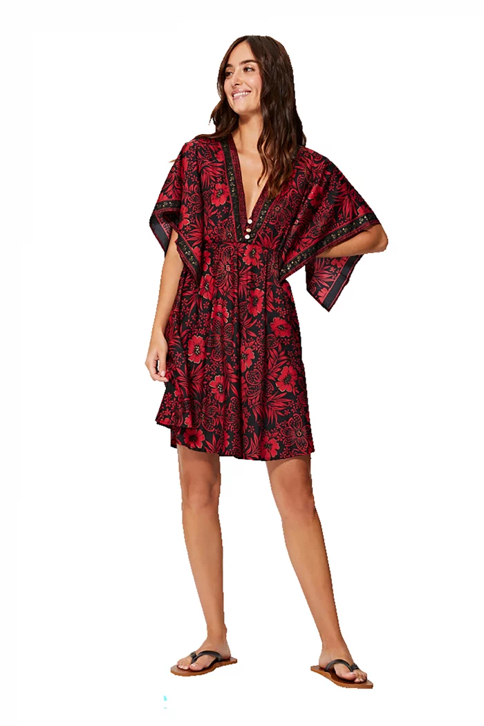 Robe bohème courte ample noire et rouge - RLIP2002D – Image 1