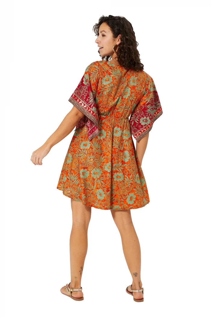 Robe bohème courte ample orange et rouge - RLIP2002C – Image 2