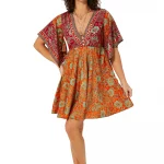 Robe bohème courte ample orange et rouge - RLIP2002C