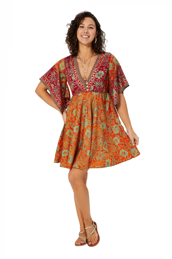 Robe bohème courte ample orange et rouge - RLIP2002C – Image 1